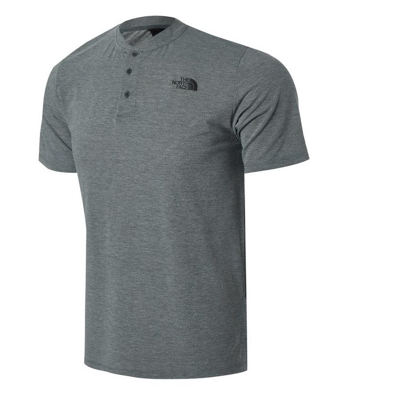 gray short sleeved henley shirt.