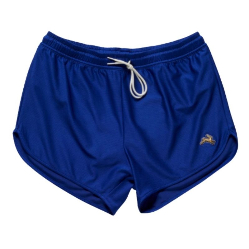 Blue Tracksmith Running Shorts on a white background.