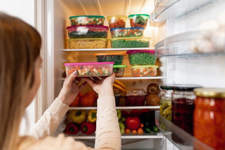 Woman organizing different ingredients in various containers inside the refrigerator.