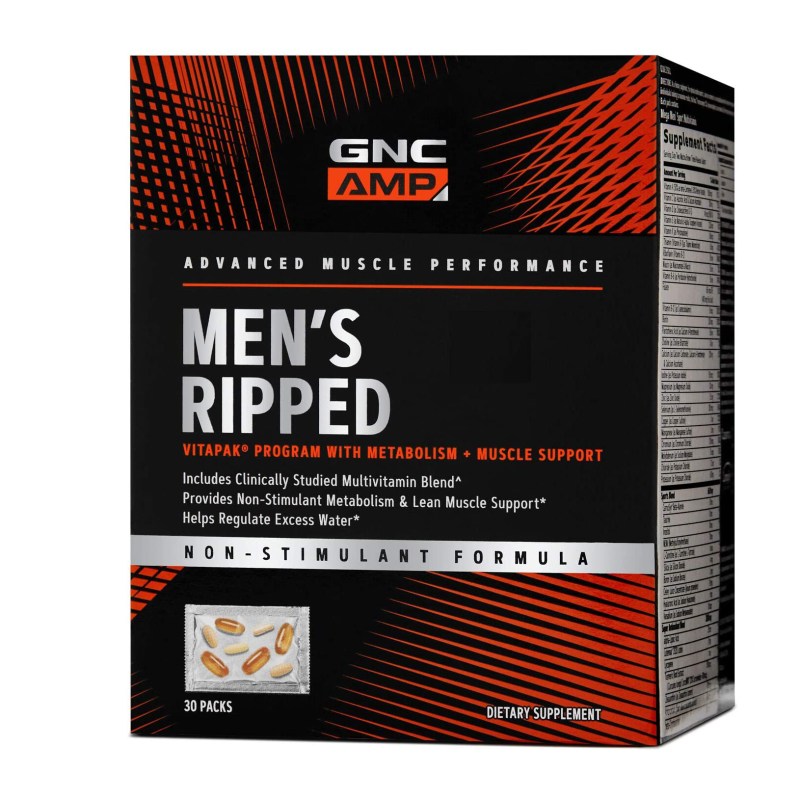 A box of GNC brand AMP Men's Ripped Multivitamin Multipacks.