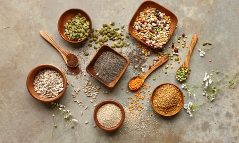 Pepitas, mixed beans, lentils, chia seeds, sunflower seeds, flax seeds, amaranth and