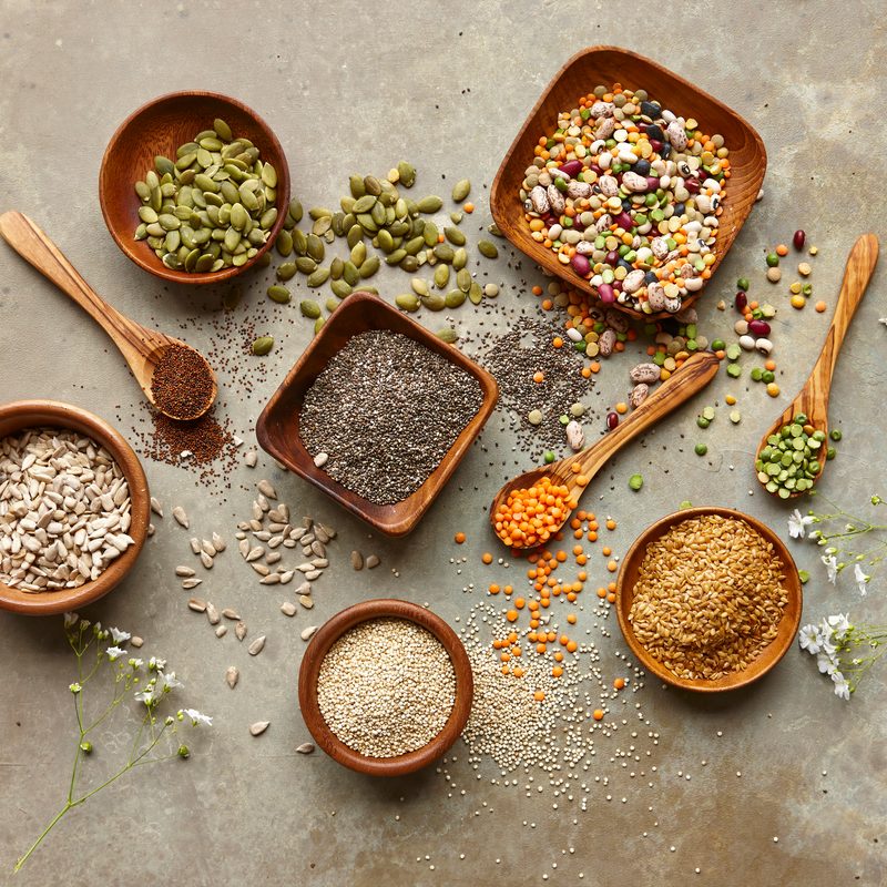 Pepitas, mixed beans, lentils, chia seeds, sunflower seeds, flax seeds, amaranth and