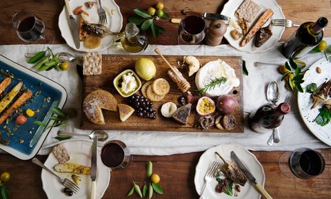 Rustic style dinner with cheese platter