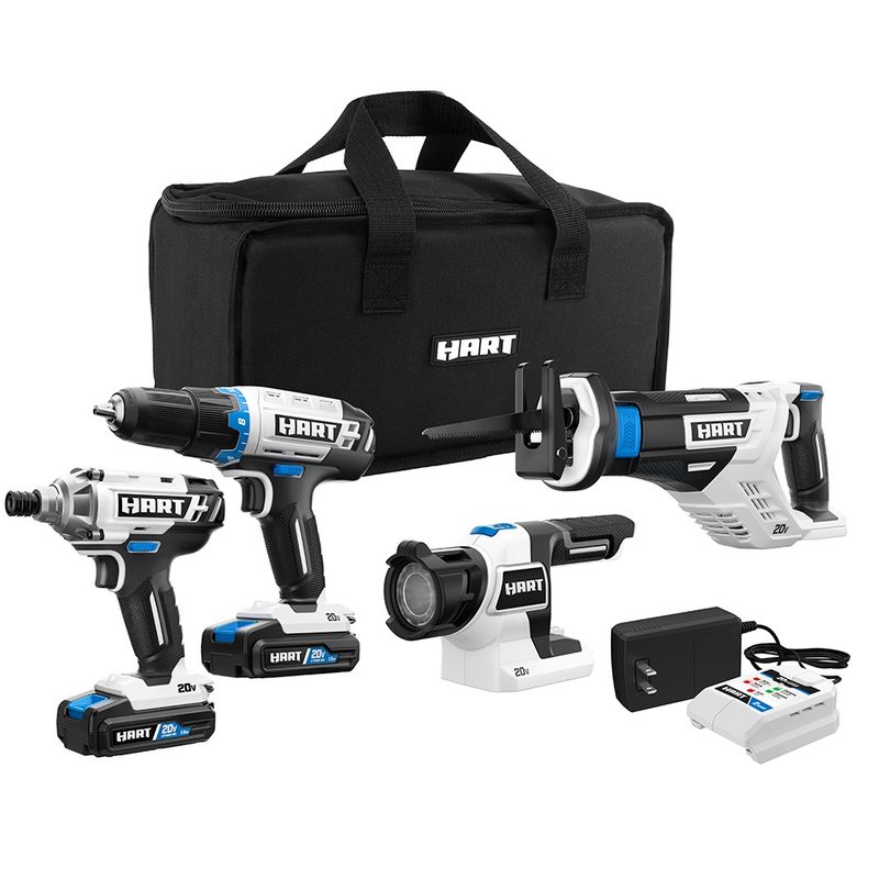 The Hart 20V Cordless 4-Tool Combo Set with a black storage bag.