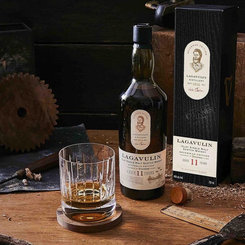 A glass and a bottle of Lagavulin.