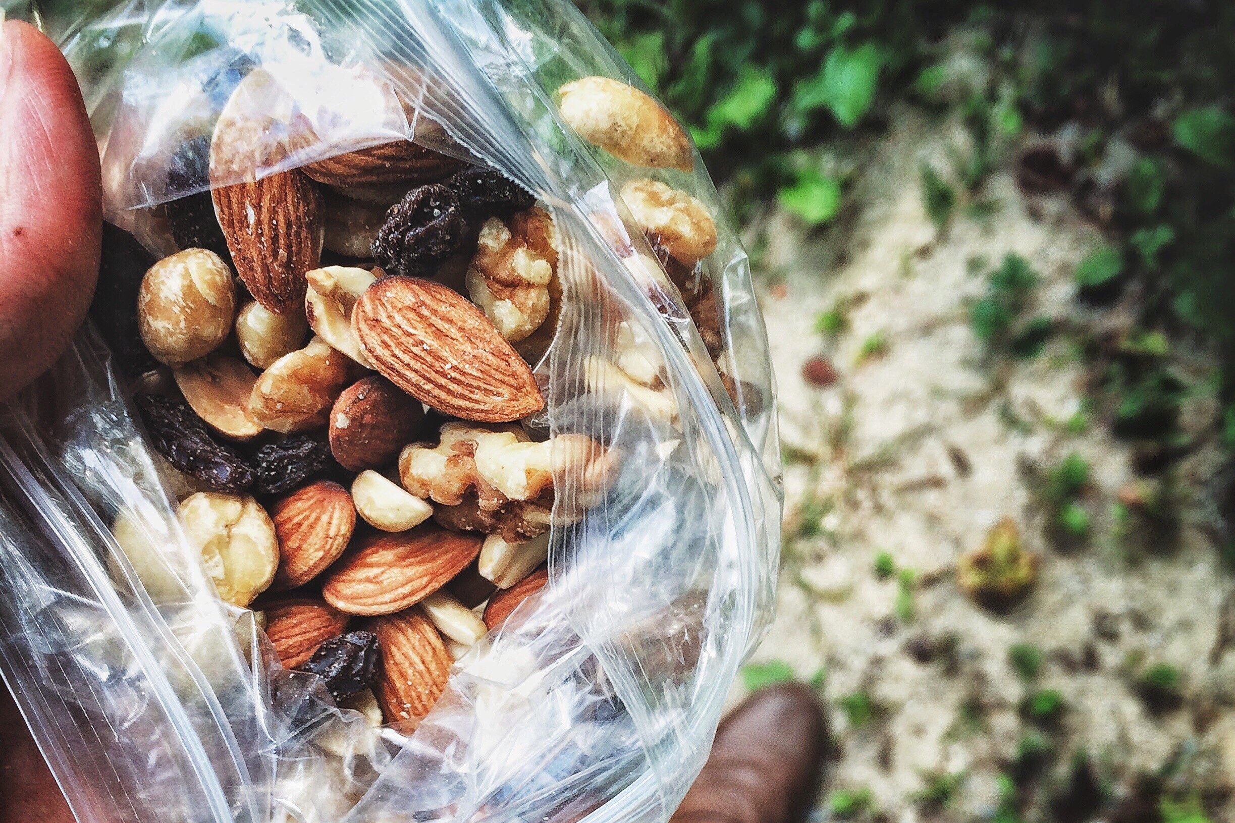 Trail mix on a resealable plastic pouch.