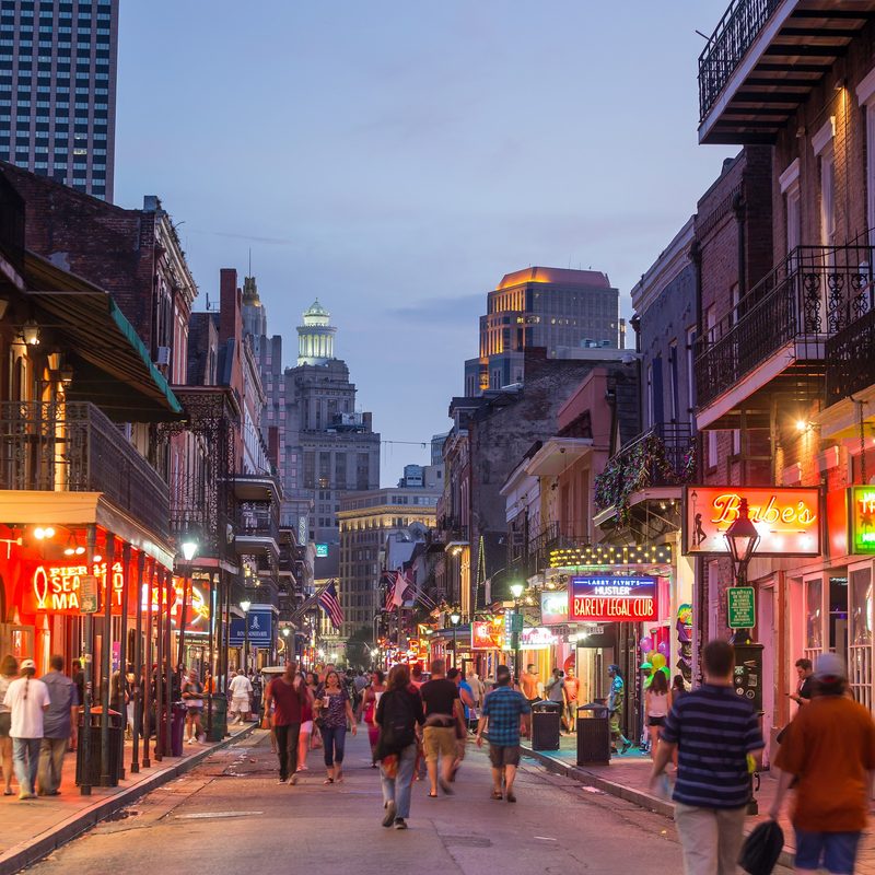NEW ORLEANS, LOUISIANA - AUGUST 23: Pubs and bars with neon lights in the French Quarter, downtown New Orleans on August 23, 2015.