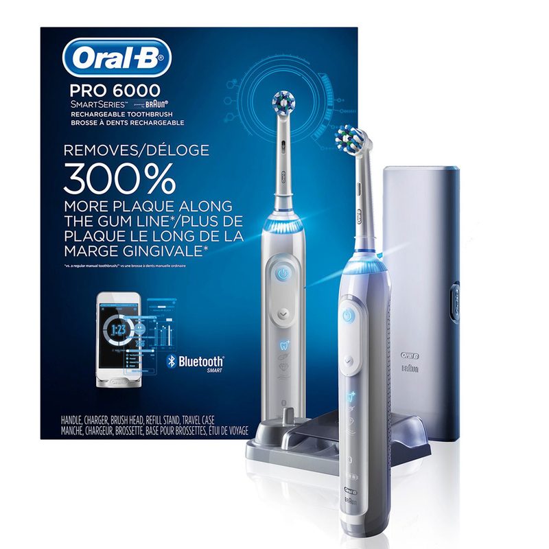 Oral-B 6000 SmartSeries Electric Toothbrush shown with charging station and travel case.
