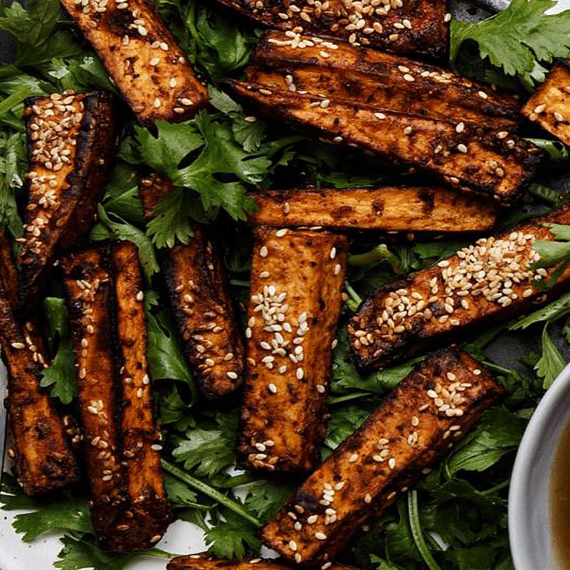 Air fryer sesame-crusted blackened sweet potato fries with chamomile ginger syrup