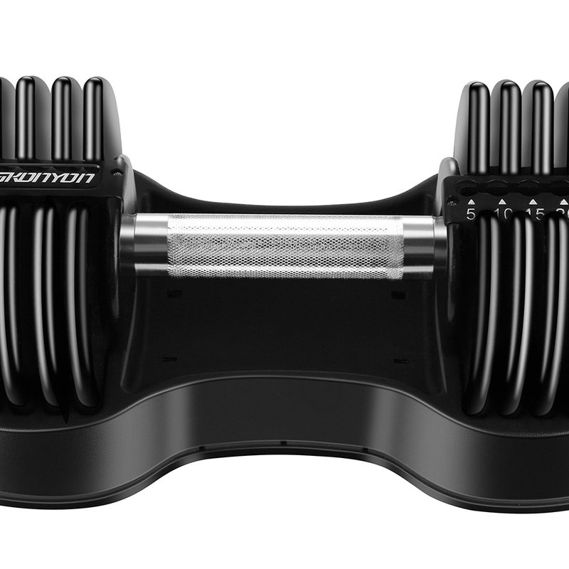 Skonyon adjustable dumbbell with 5, 10, 15, 20, and 25 pound increments. 