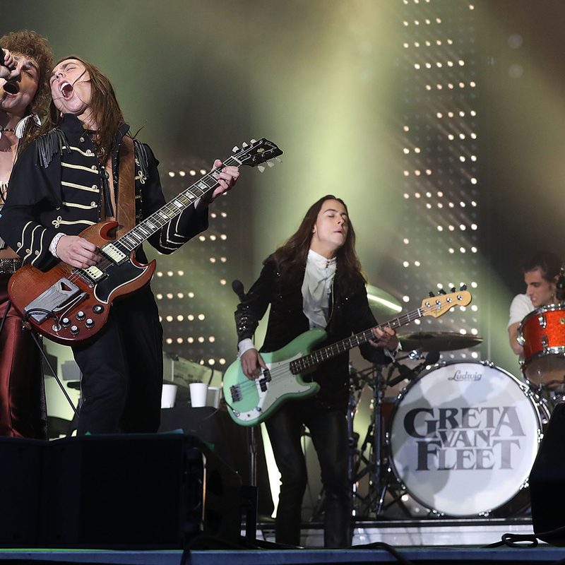 Josh Kiszka, Jake Kiszka, Sam Kiszka, and Danny Wagner of Greta Van Fleet perform onstage during Day 1 of the 2019 Boston Calling Music Festival on May 24, 2019 in Boston