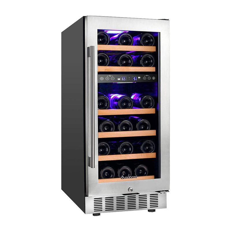 Bottles of alcohol drinks in the Aobosi 28-Bottle Dual-Zone Wine Cooler.