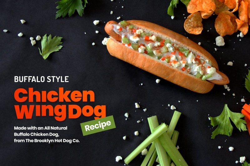 Buffalo style chicken wing hot dog