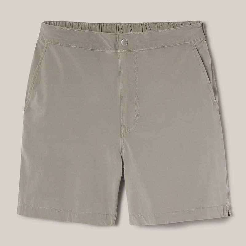 A Buck Mason 6-inch deck shorts in light gray.
