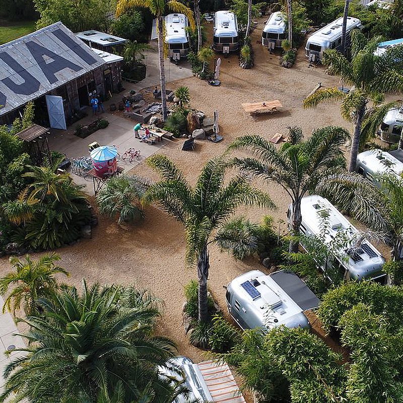 A bird's eye view of the Airstream trailers parked at Caravan Outpost.