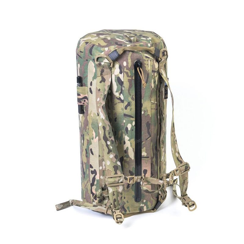 A camouflage Colfax Design Works Project T.O.A.D. Drybag on a white background.