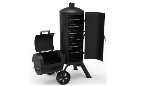 Dyna-Glo Signature Series Heavy-Duty Vertical Grill with Offset Smoker on white background.