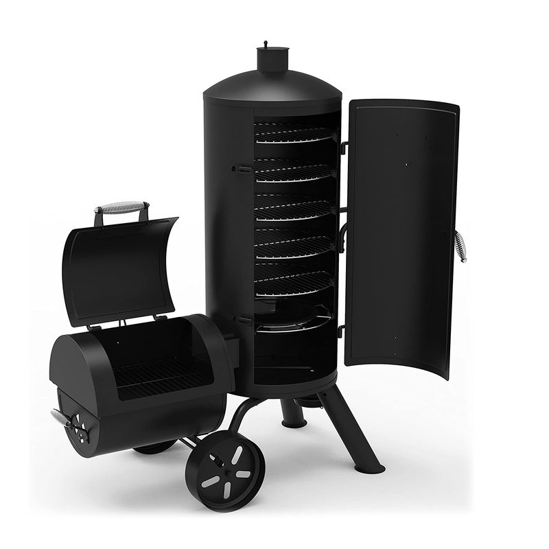 Dyna-Glo Signature Series Heavy-Duty Vertical Grill with Offset Smoker on white background.