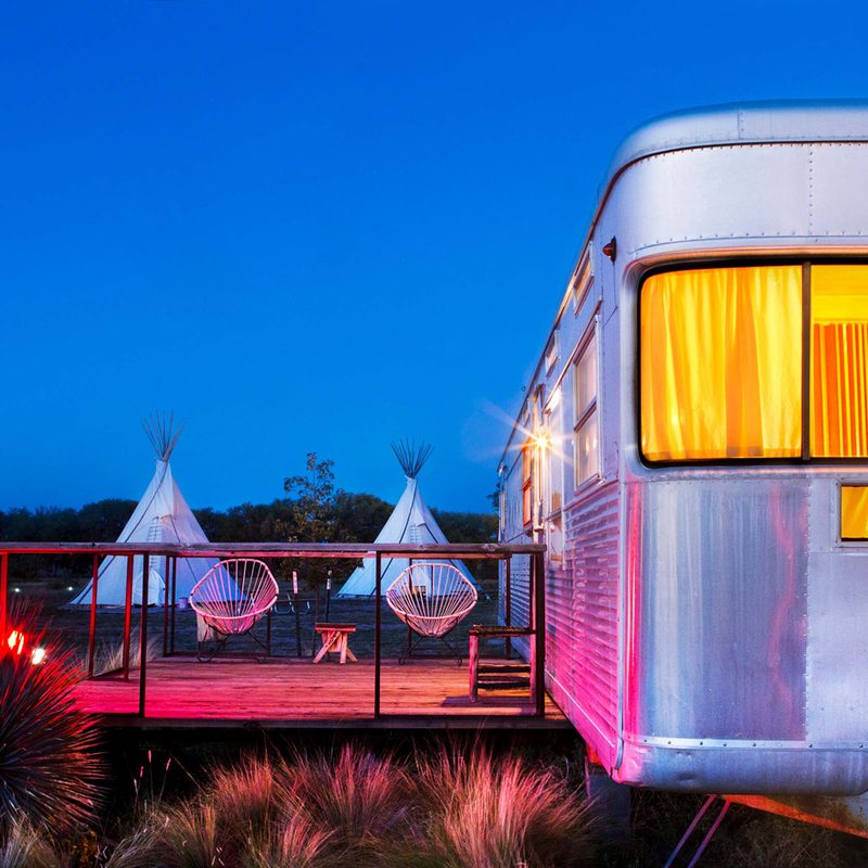 An extra-large trailer with cedar deck at El Cosmico.