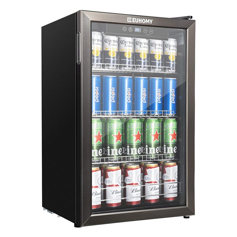 Soda and alcoholic beers stored in the Euhomy 120-Can Beverage Refrigerator and Cooler.
