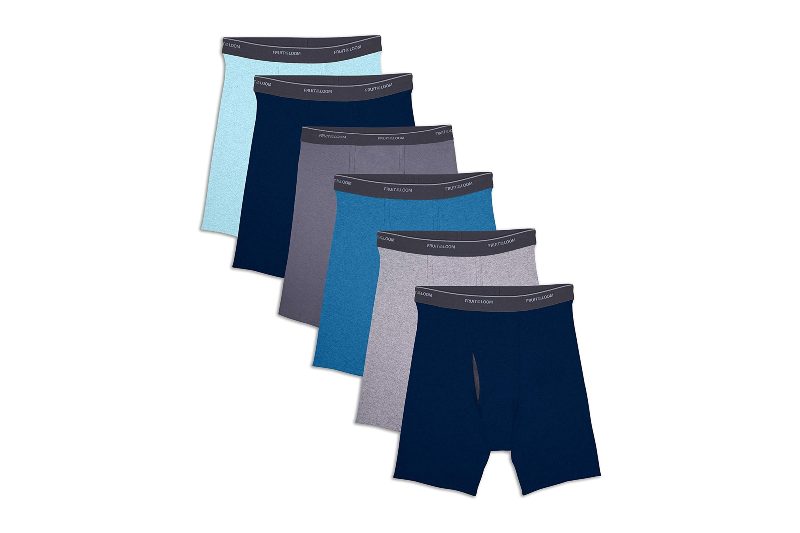 Fruit of the Loom Men's Coolzone Boxer Briefs in various colors on white background.
