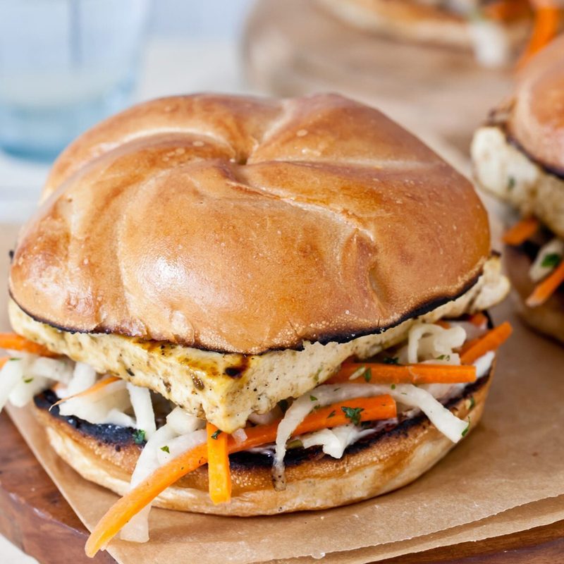 Glazed tofu sandwiches with jicama slaw