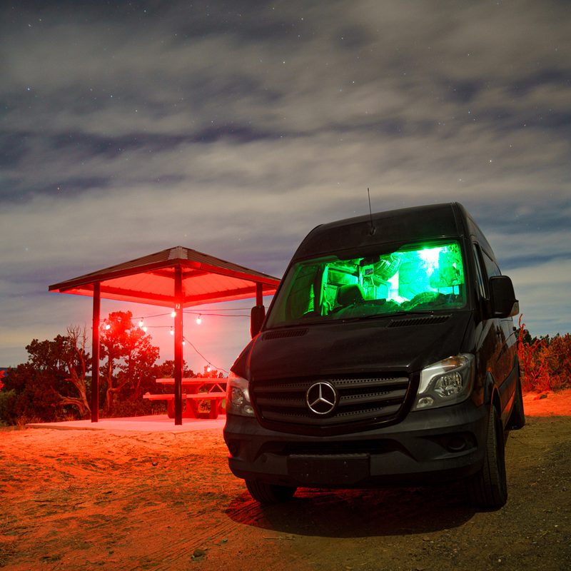 A converted Mercedes Sprinter Van at the El Malpais National Conservation Area.