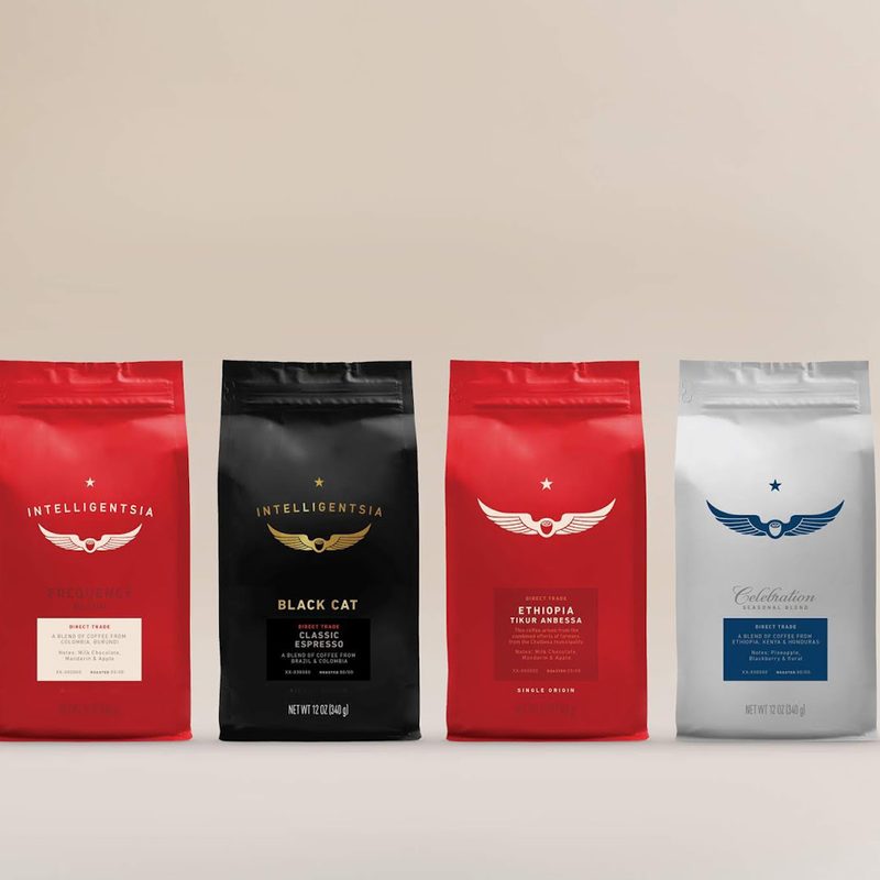 Assorted bags of coffee blends from Intelligentsia Coffee.