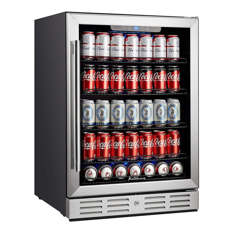 Cans of soda and beer inside the Kalamera 175-Can Beverage Cooler.