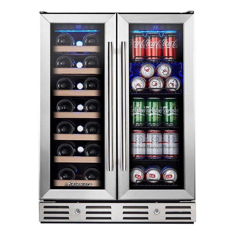 Beer bottles and soda cans stored in the Kalamera 24-Inch Dual-Zone Beverage and Wine Cooler .
