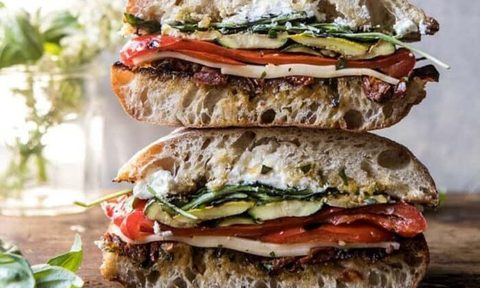 Marinated Veggie Cheese Sandwich with Sun-Dried Tomato Pesto image