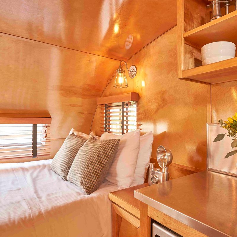 A view of the interior of an Airstream trailer at Vintages Trailer Resort.