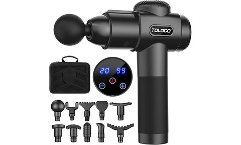 Toloco Massage Gun and accessories laid out on white background.