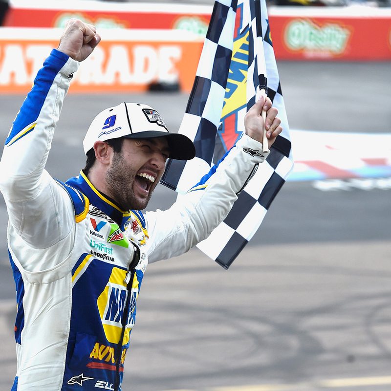 Chase Elliott at a Nascar race cheering.