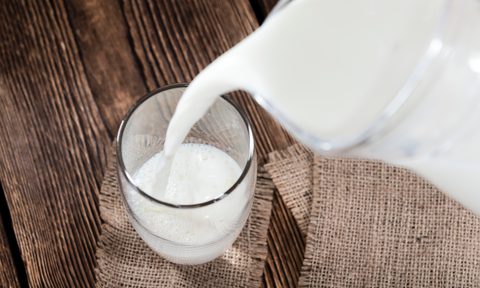 A portion of Milk on a dark wooden background.