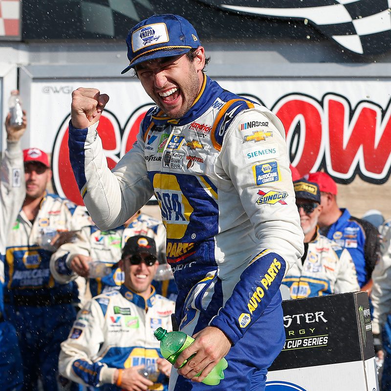Chase Elliott, driver of the #9 NAPA AUTO PARTS Chevrolet, celebrates in Victory Lane after winning the Monster Energy NASCAR Cup Series Go Bowling at The Glen at Watkins Glen International.