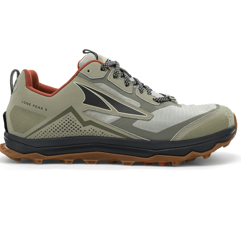 A khaki Altra Lone Peak 5 shoe.