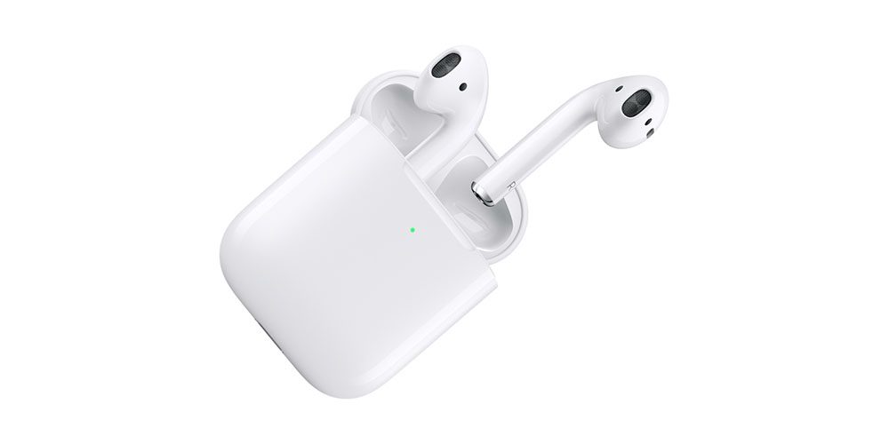 Apple AirPods on a white background.
