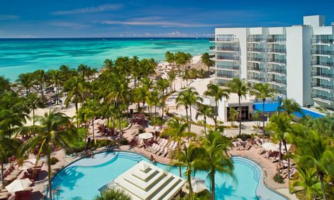 Aruba Marriott Resort aerial shot with pool and Palm beach in the background.