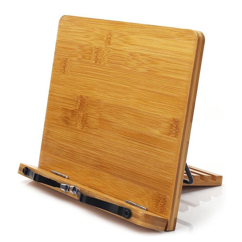 Bamboo Book Stand with Paper Clips on white background.