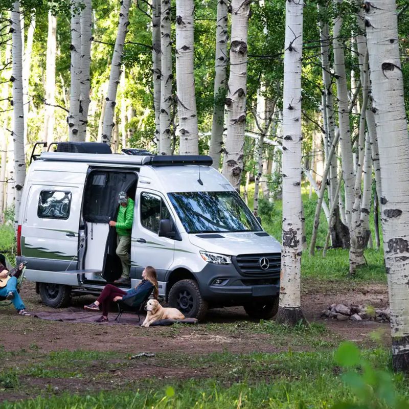 Three campers and a dog relaxing at a wilderness campsite with a Winnebago Revel campervan.