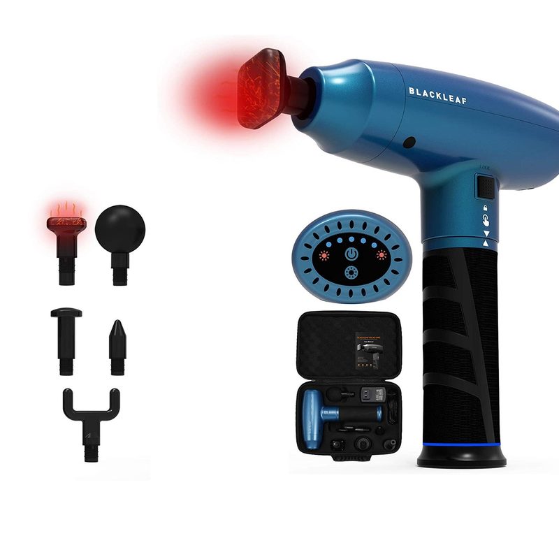 Blackleaf Percussion Massage Gun with Heat and accessories on white background.