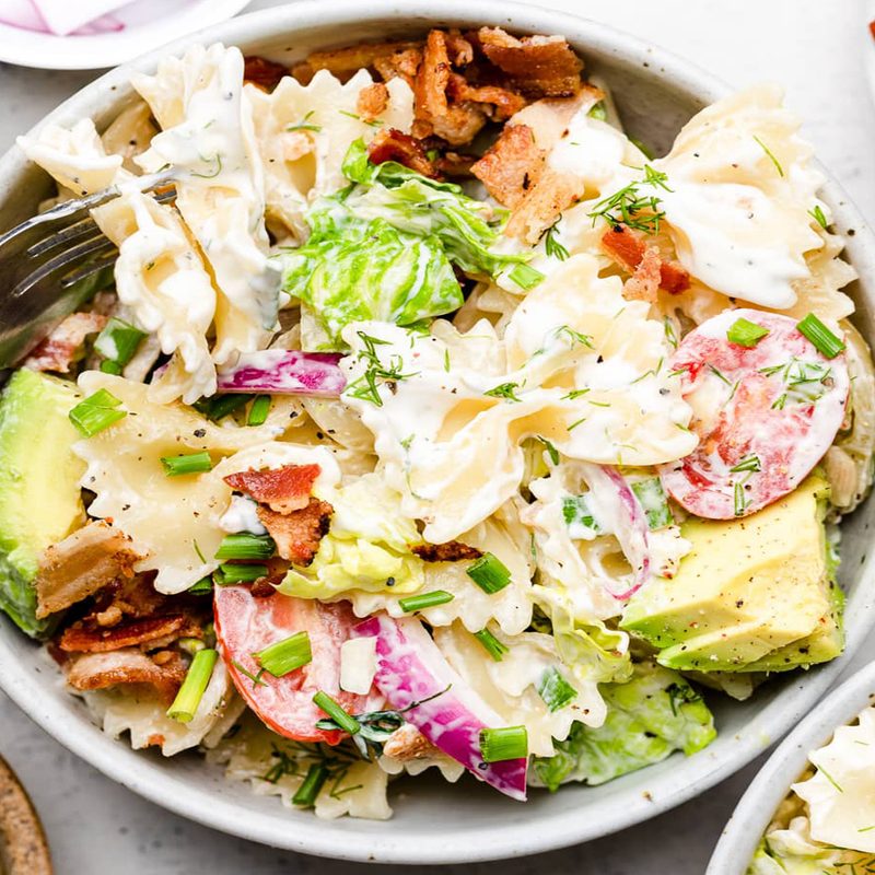 A bowl of BLT Pasta Salad.