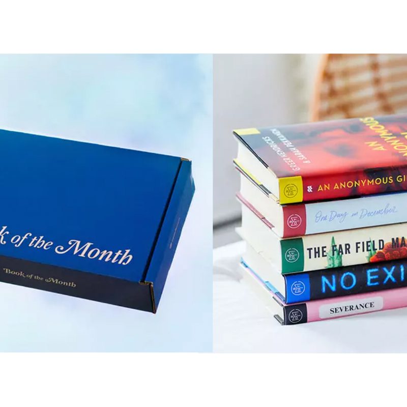 Half picture is a hand holding Book of the Month subscription box in the air and other half is 5 books on a bed.