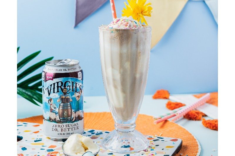 Ice cream cocktail, Boozy Dr Better Float, with a can of Virgil's on the side.