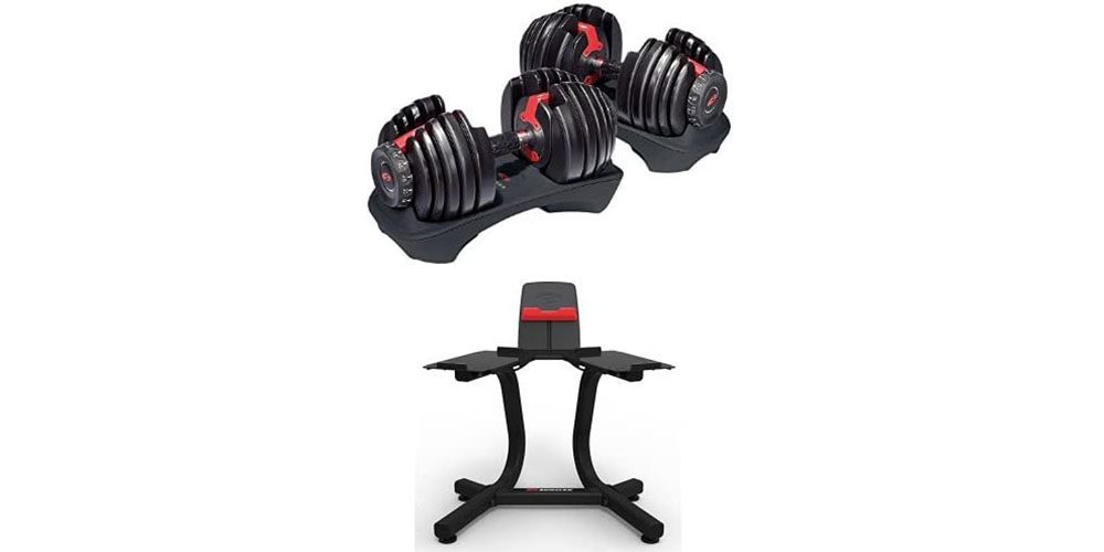 Bowflex SelectTech adjustable dumbbells pair and stand bundle on a white background.