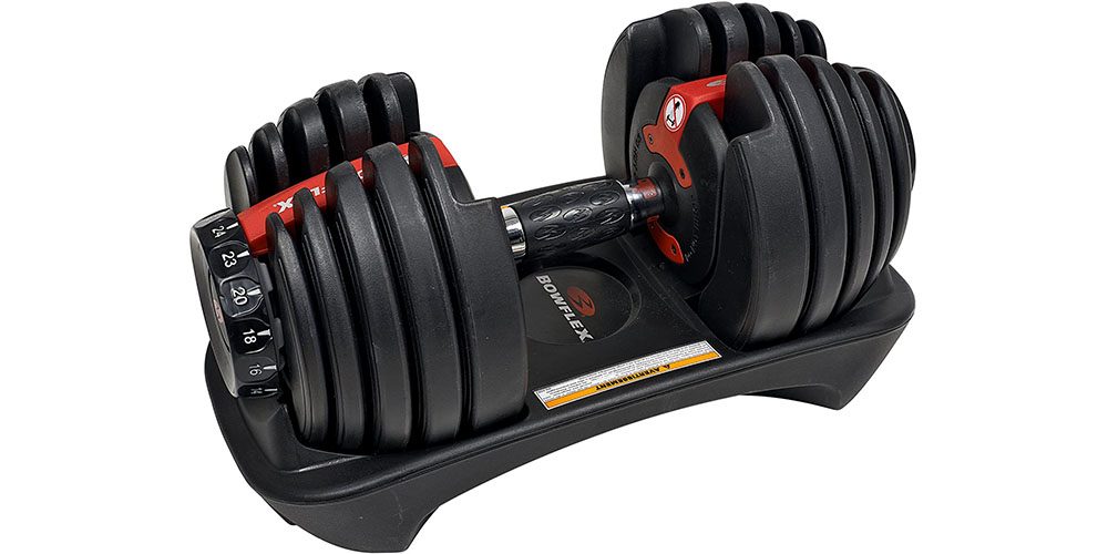Bowflex SelectTech adjustable dumbbells on a white background.