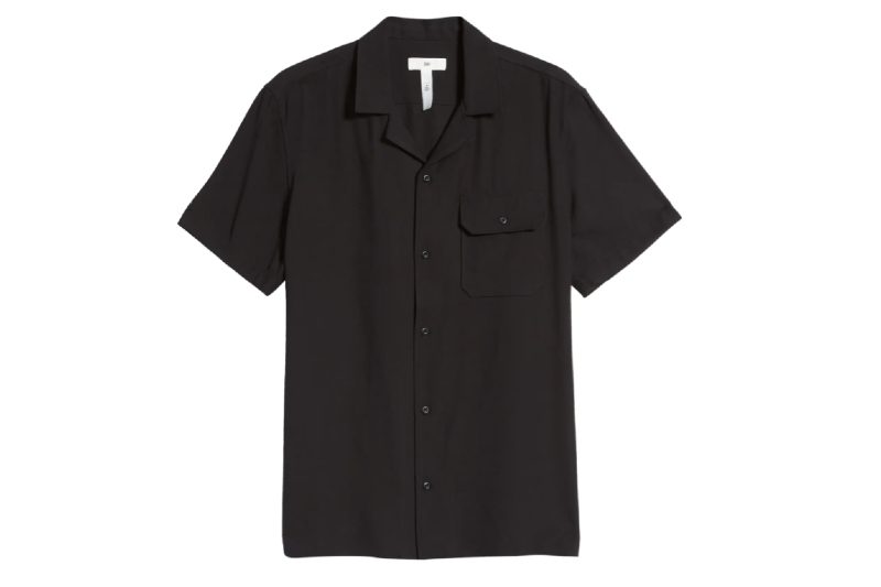 A men's camp collar shirt in black.