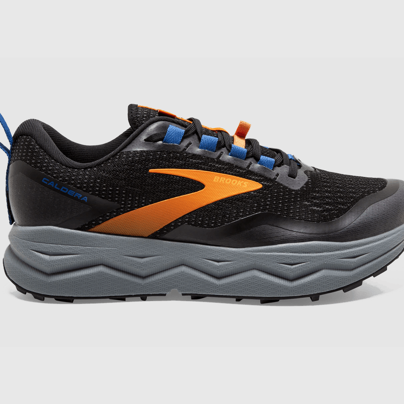A Brooks Caldera 5 in Black/Orange/Blue variant.