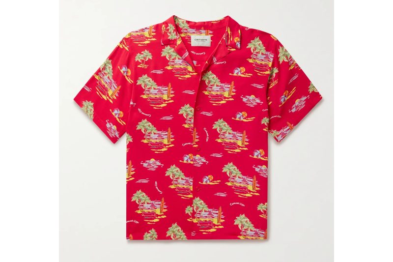 A red tropical-print Hawaiian shirt.